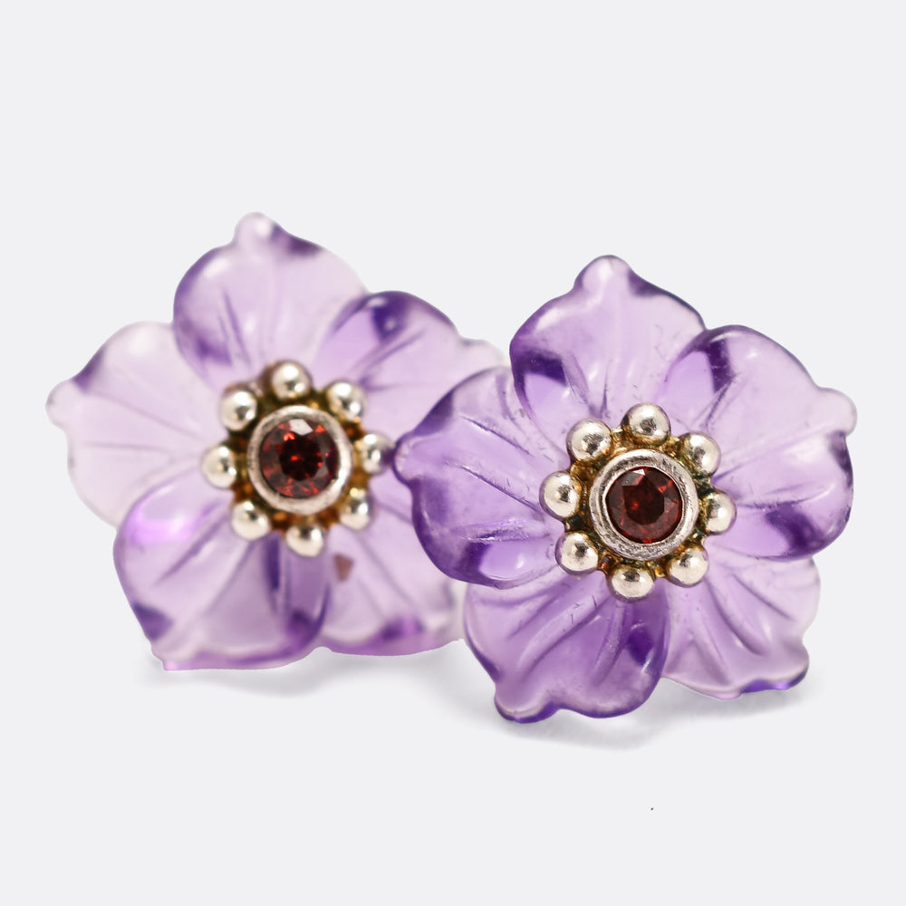 Vintage Carved Amethyst and Ruby Pansy Earrings