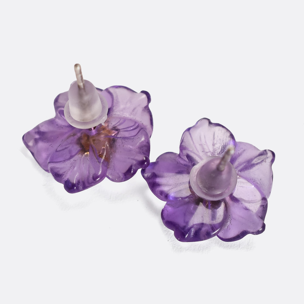 Vintage Carved Amethyst and Ruby Pansy Earrings