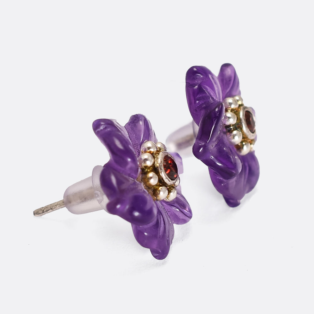 Vintage Carved Amethyst and Ruby Pansy Earrings