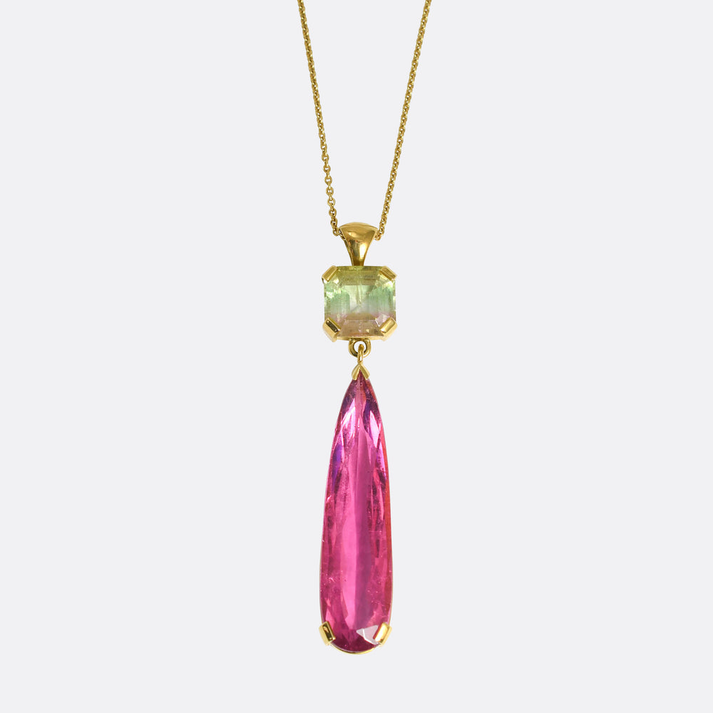 Watermelon Tourmaline & Pink Topaz Drop Pendant Necklace