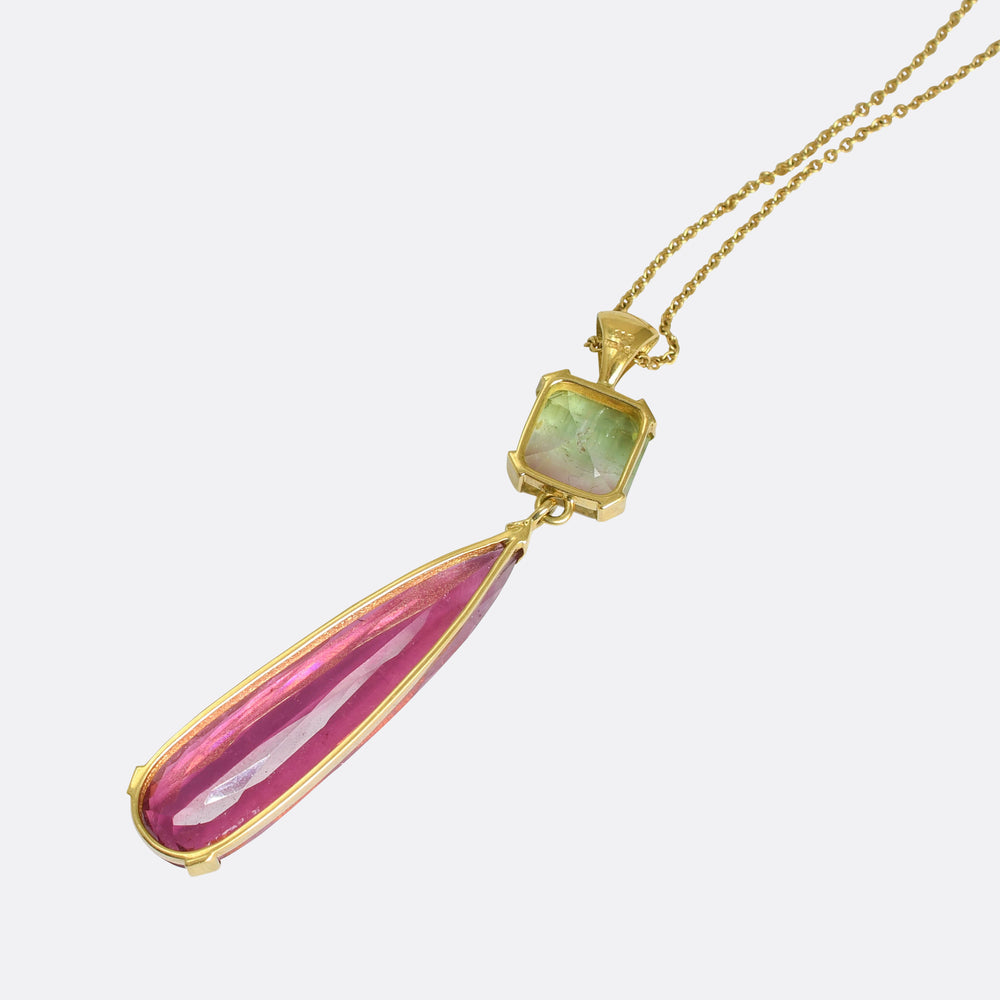 Watermelon Tourmaline & Pink Topaz Drop Pendant Necklace