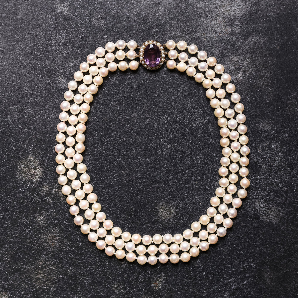 1920's Three Strand Pearl Necklace with Amethyst Clasp