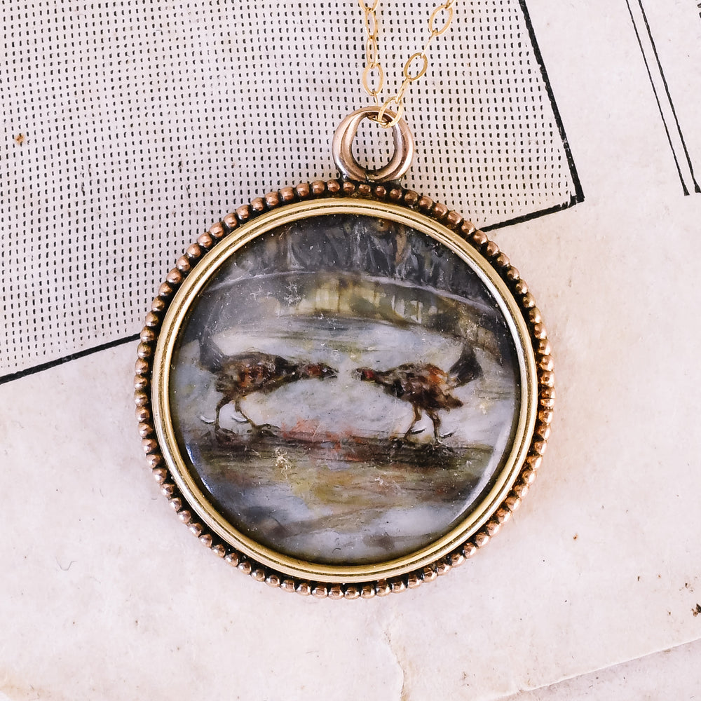 Georgian Cockfight Miniature Painting Pendant