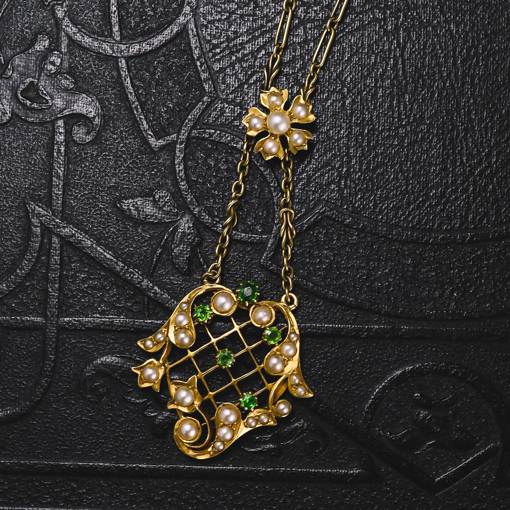 Victorian Pearl & Demantoid Garnet Pendant Necklace