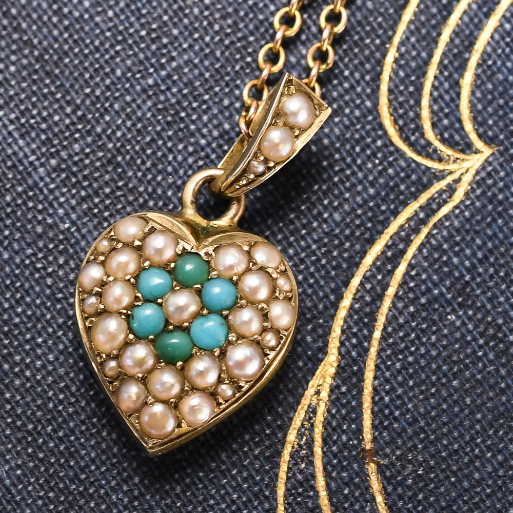 Victorian Turquoise Pansy & Pearl Puffed Heart Pendant