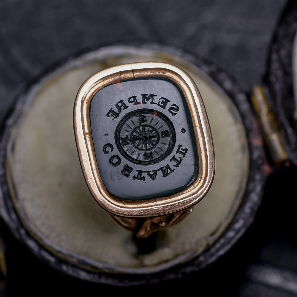 Georgian Bloodstone Compass Intaglio Snake Fob Pendant