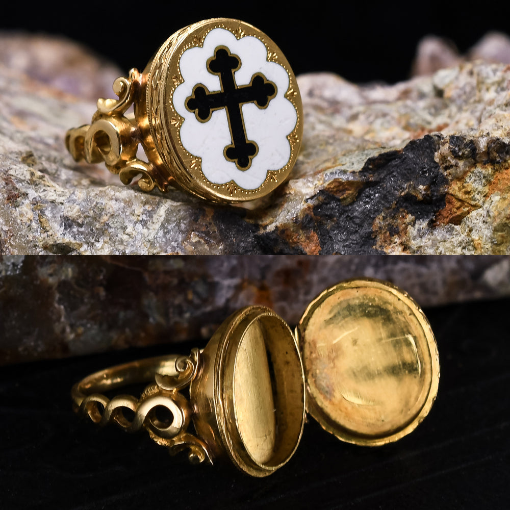 Mid-Victorian Enamel Cross Poison Ring