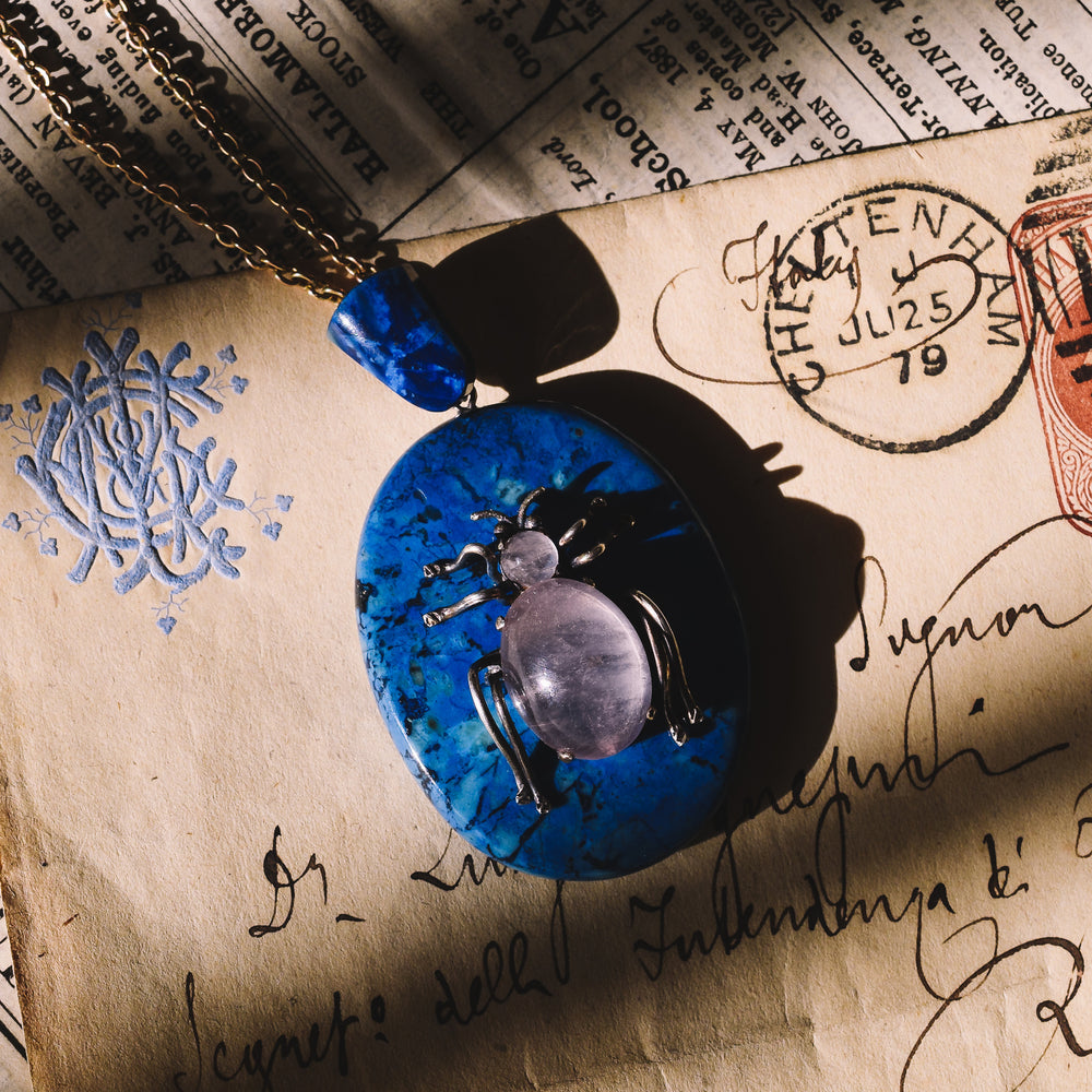 Victorian Rose Quartz & Swiss Lapis Bug Pendant