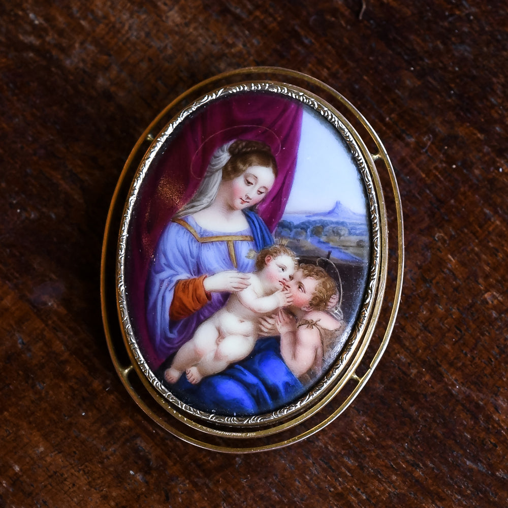 Victorian Madonna & Child With St John Enamel Miniature Brooch