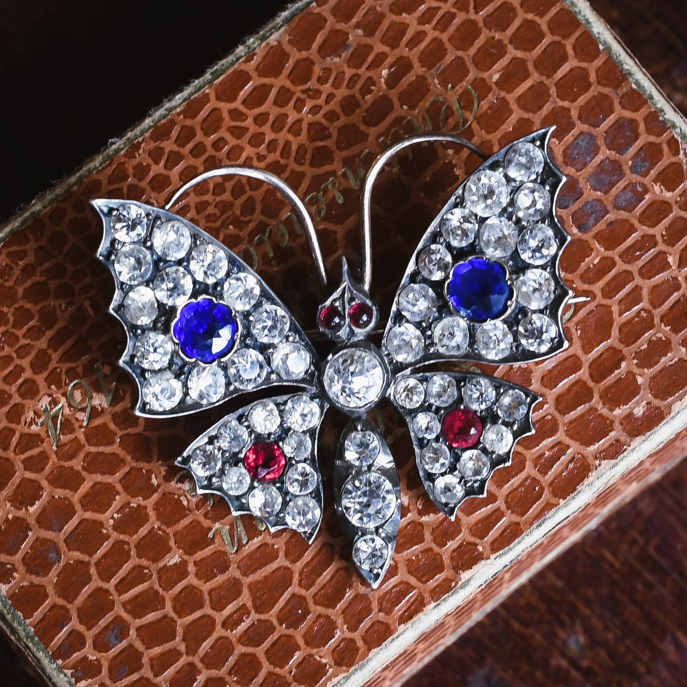 Victorian Red White & Blue Paste Butterfly Brooch