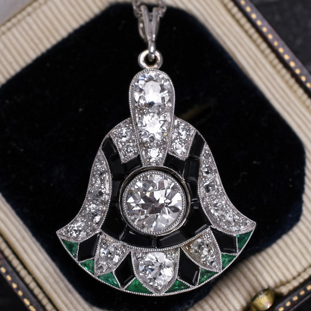 Art Deco Diamond, Onyx & Emerald Lotus Flower Pendant