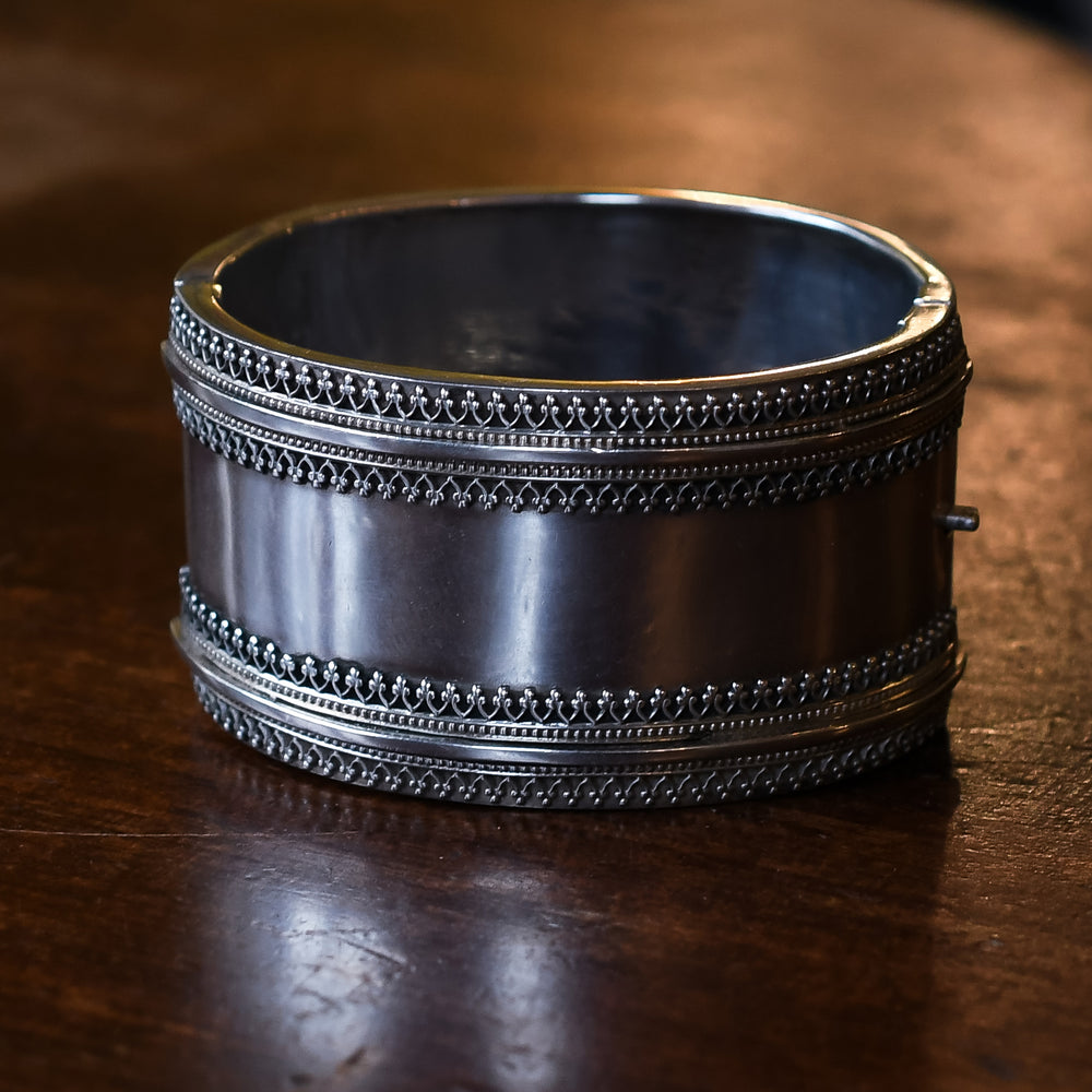 Etruscan Revival Silver Cuff Bangle