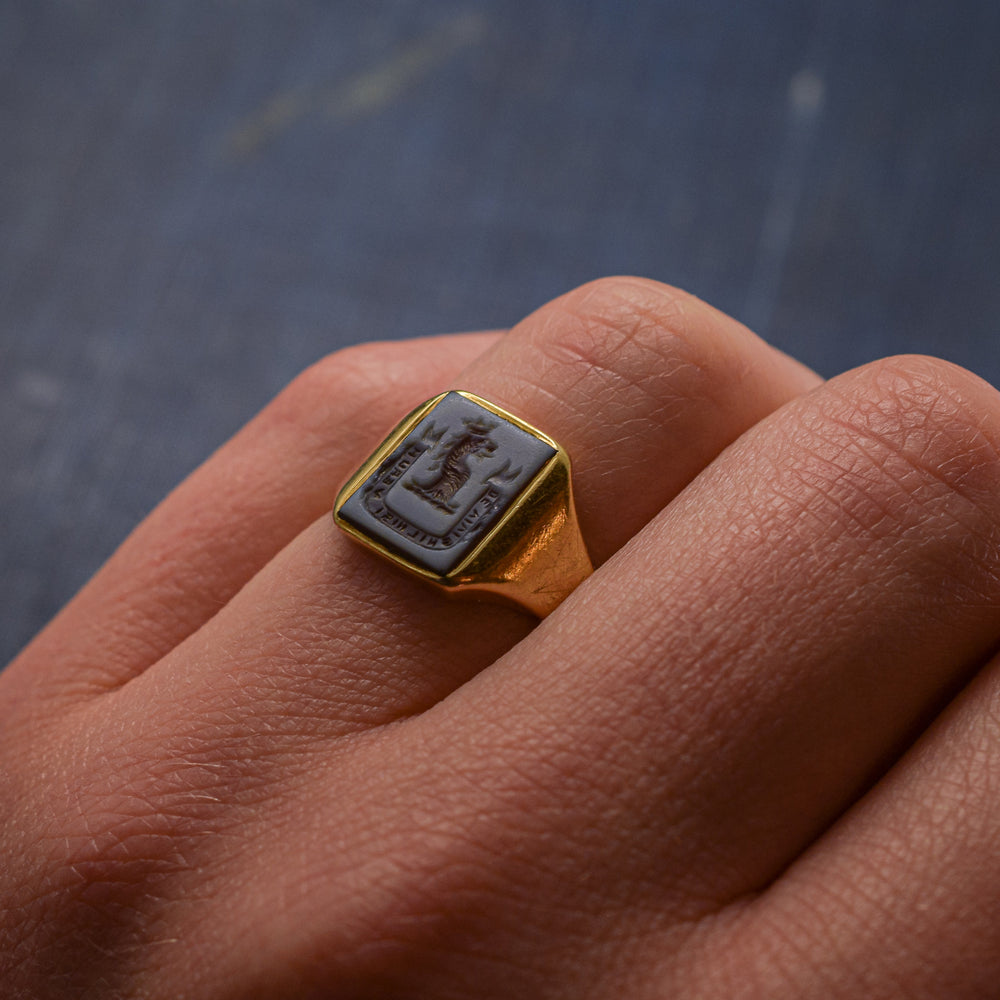 Victorian Sardonyx Crowned Lion Intaglio Signet Ring