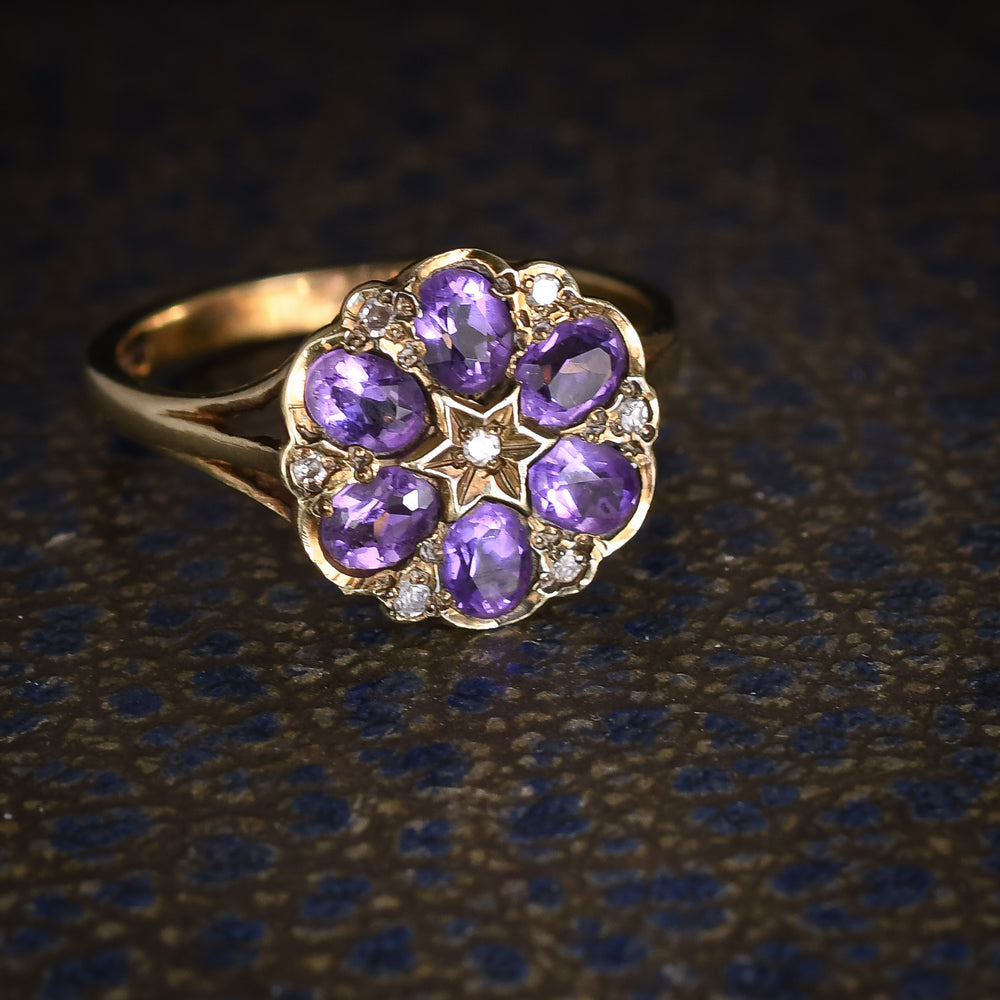 Victorian Revival Amethyst & Diamond Flower Cluster Ring