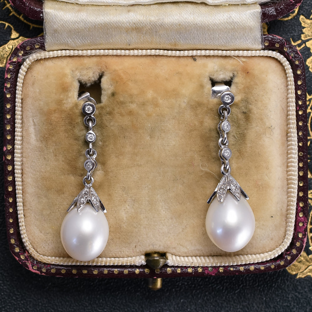 Mid-Century Pearl & Diamond Drop Earrings