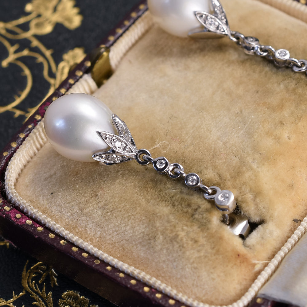 Mid-Century Pearl & Diamond Drop Earrings