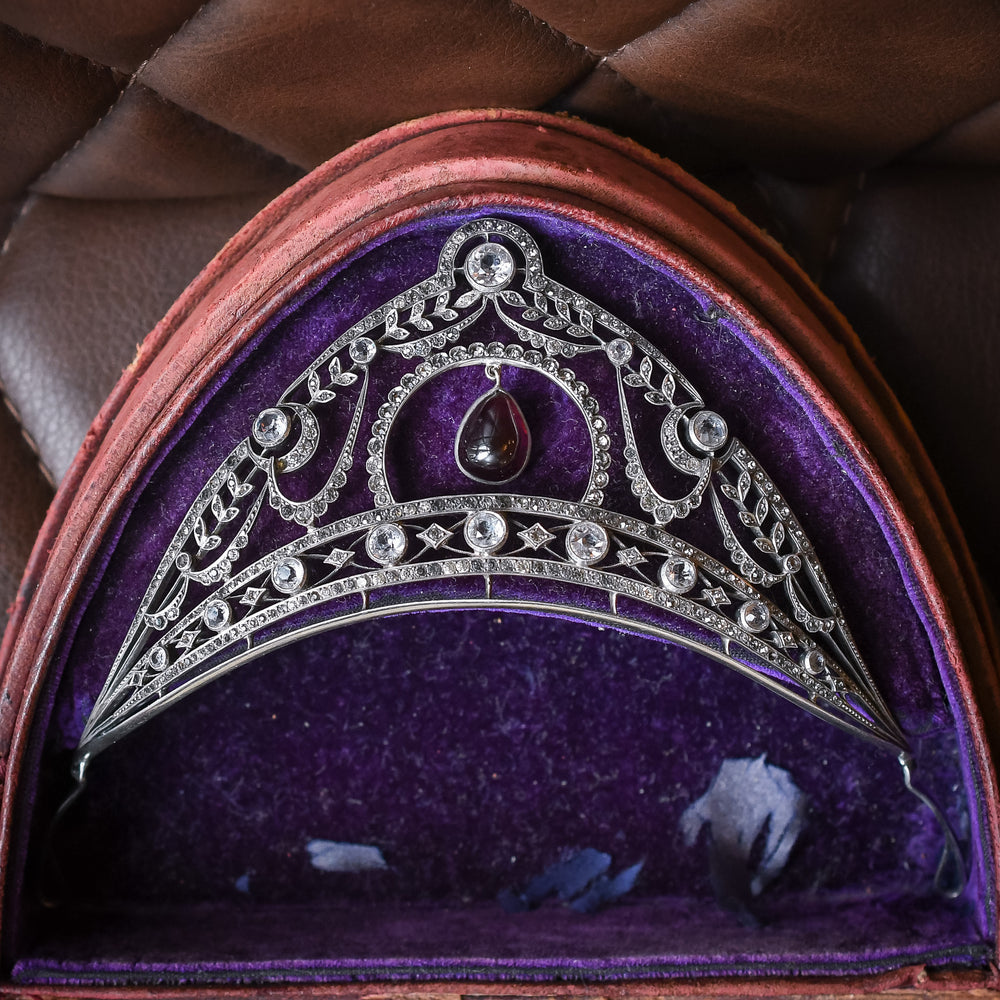 Belle Époque Garnet & White Paste Millegrain Tiara