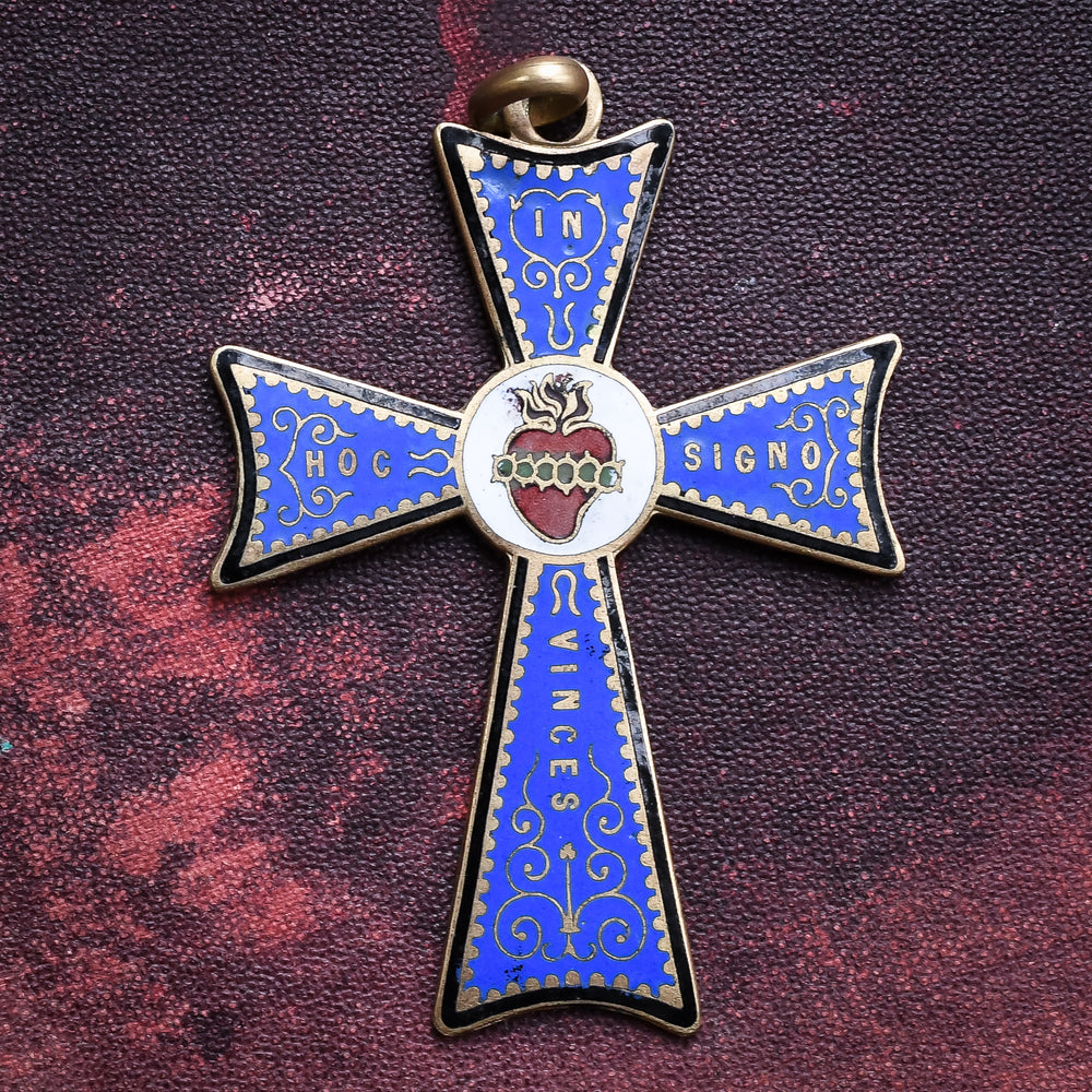 Victorian IN HOC SIGNO VINCES Sacred Heart Cross Pendant