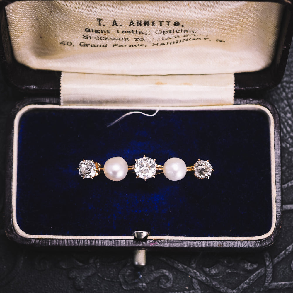 Victorian Old Cut Diamond & Pearl Bar Brooch
