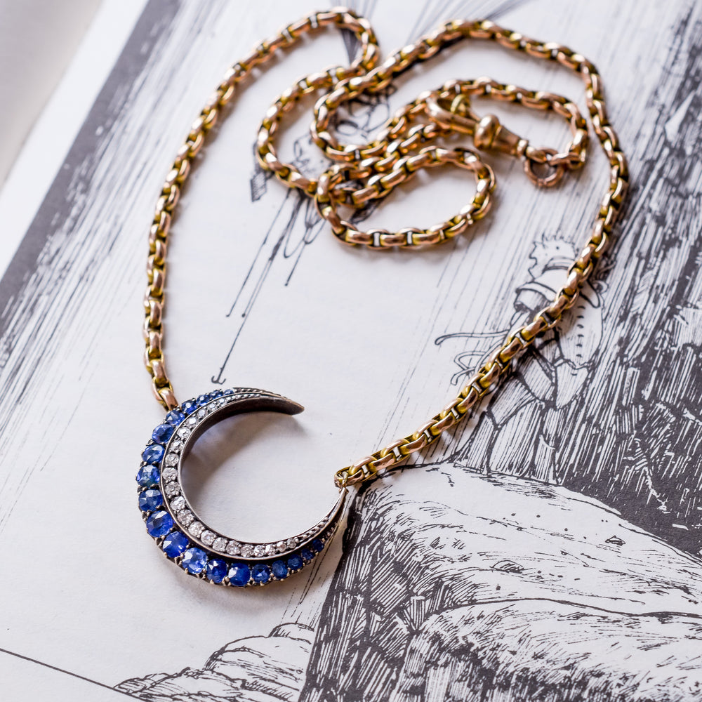 Victorian Sapphire & Diamond Crescent Moon Necklace