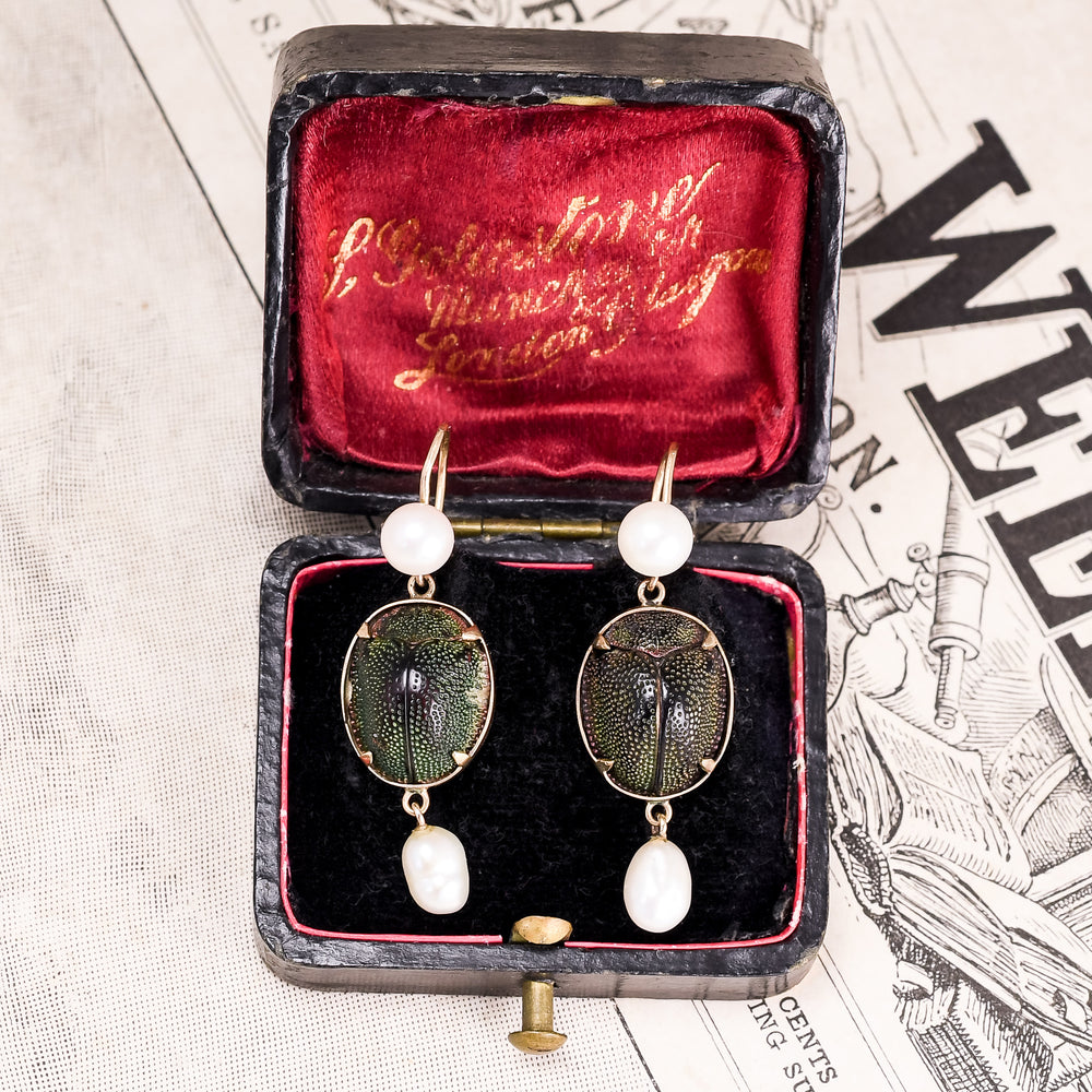 Victorian Egyptian Revival Scarab & Pearl Earrings