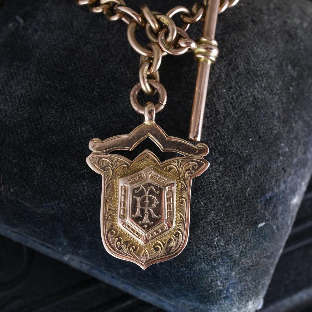 Edwardian Gold Double Albert Necklace With T-Bar and Shield