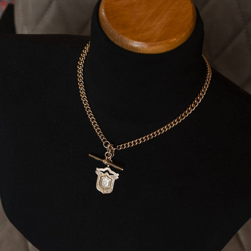 Edwardian Gold Double Albert Necklace With T-Bar and Shield