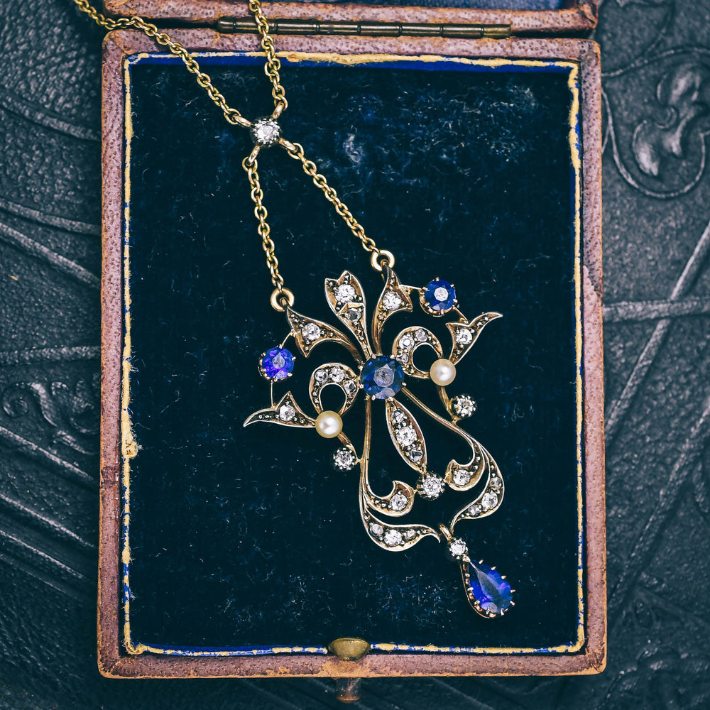 Late Victorian Sapphire, Pearl & Diamond Lavalier Pendant