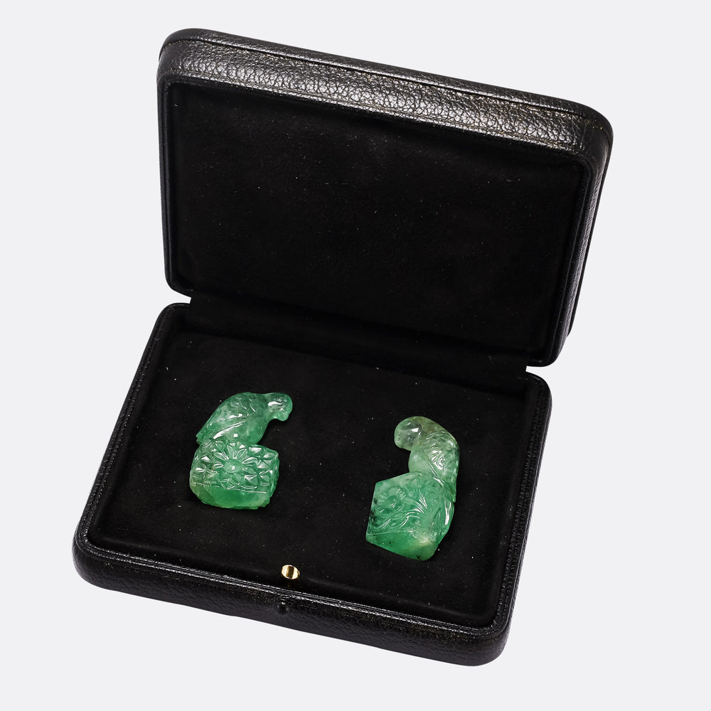 Pair of Carved Emerald Parrots