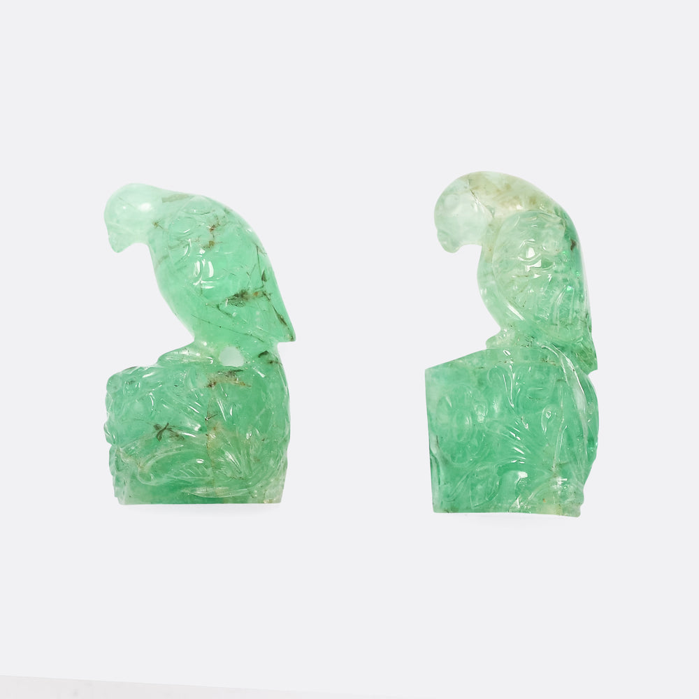 Pair of Carved Emerald Parrots