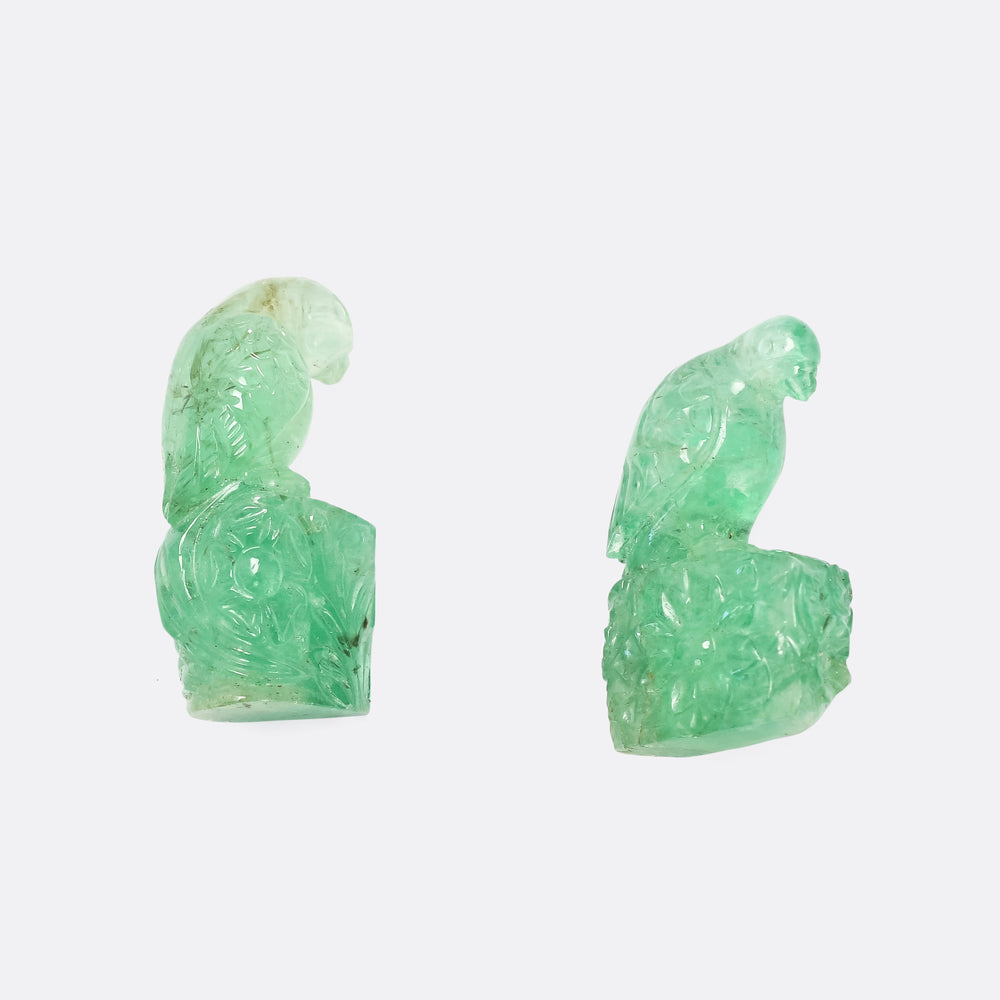 Pair of Carved Emerald Parrots