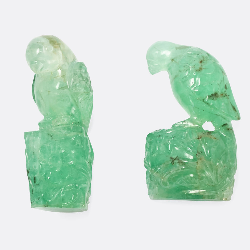 Pair of Carved Emerald Parrots
