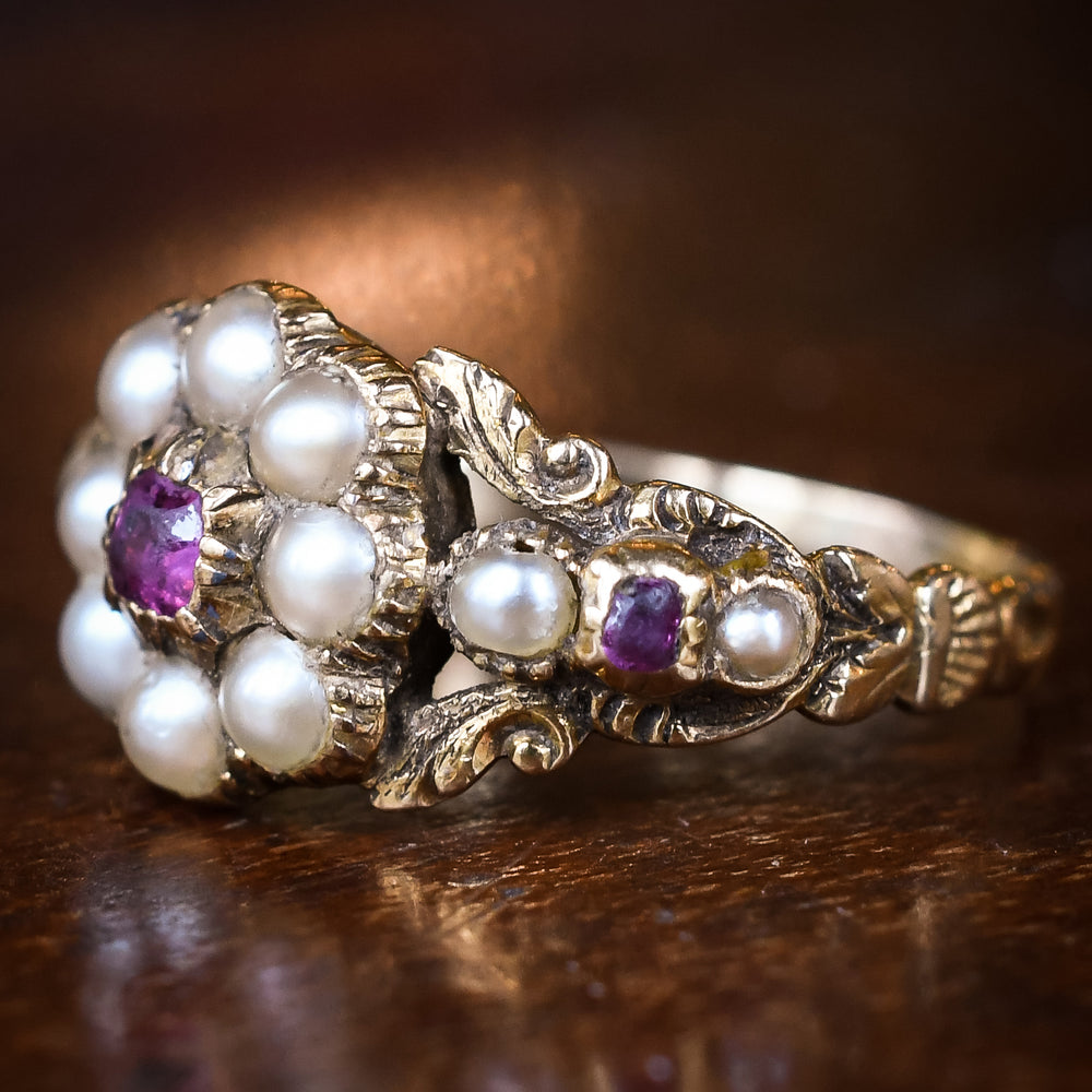 Late Georgian Pearl & Ruby Flower Locket Ring