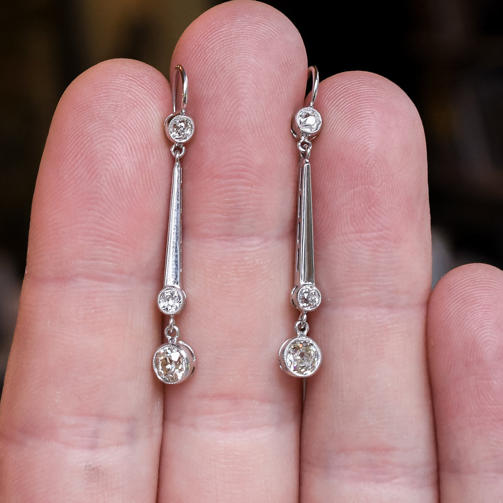 Art Deco Old Euro Diamond Bar Earrings