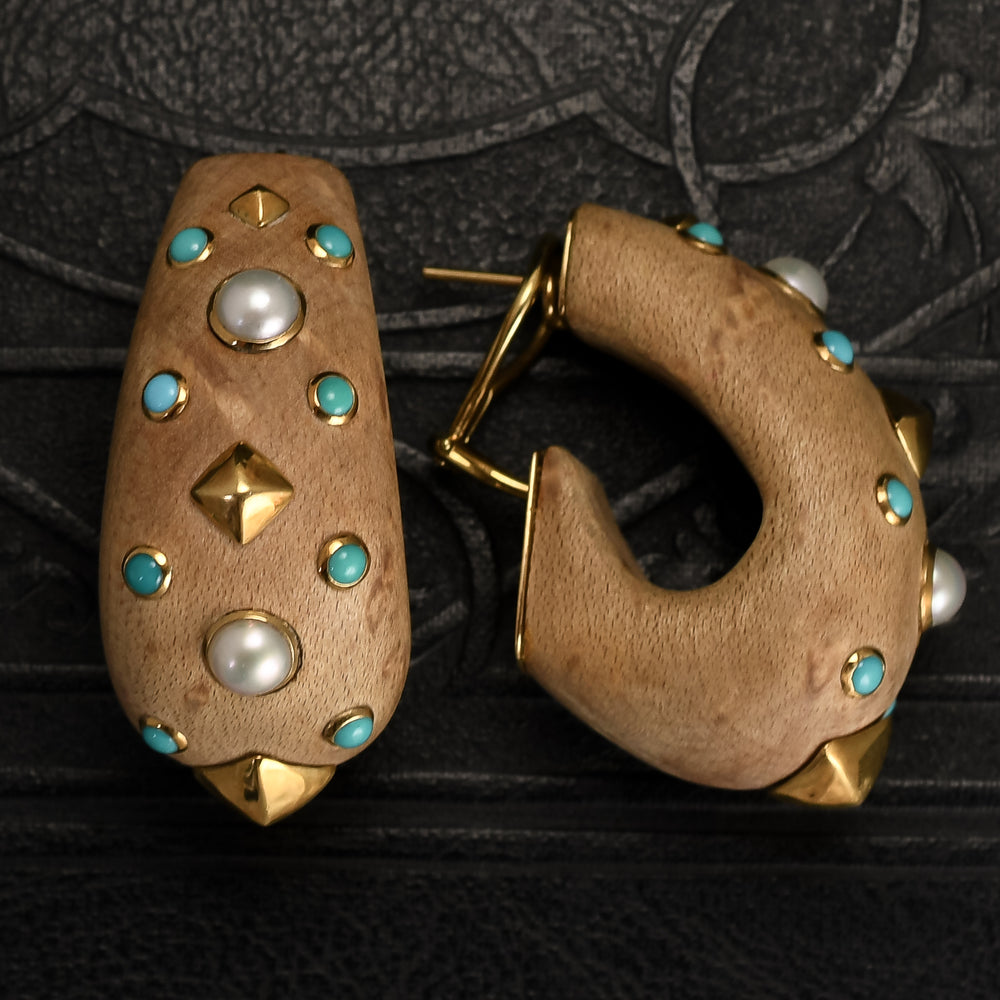 Contemporary Turquoise Pearl & Wood Earrings