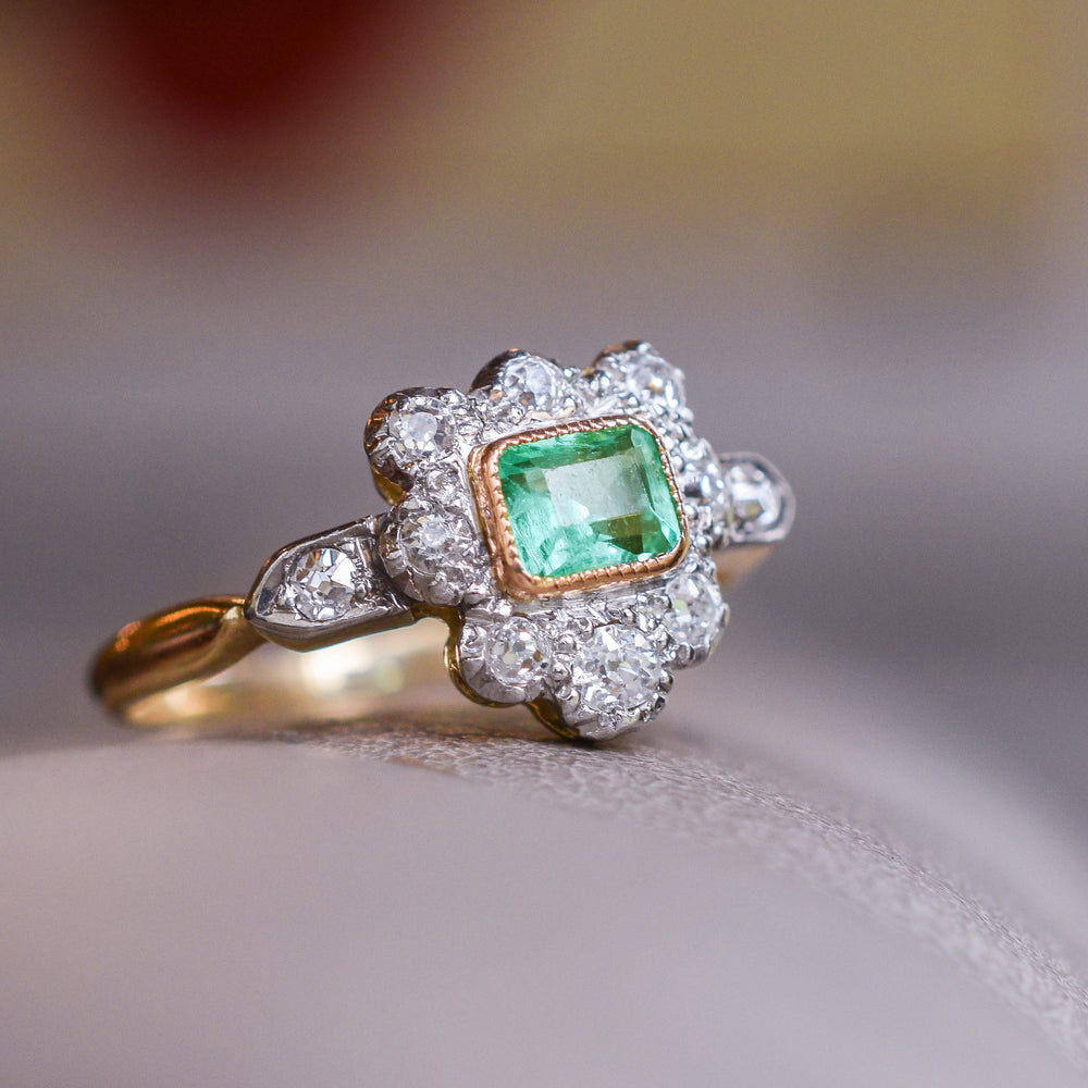 Victorian Emerald & Diamond Shield Cluster Ring