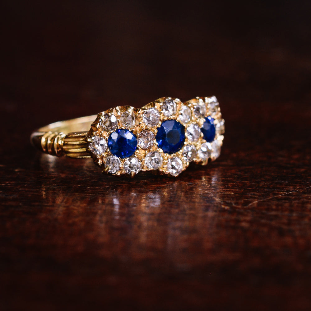 Edwardian Sapphire & Diamond Three-Stone Cluster Ring