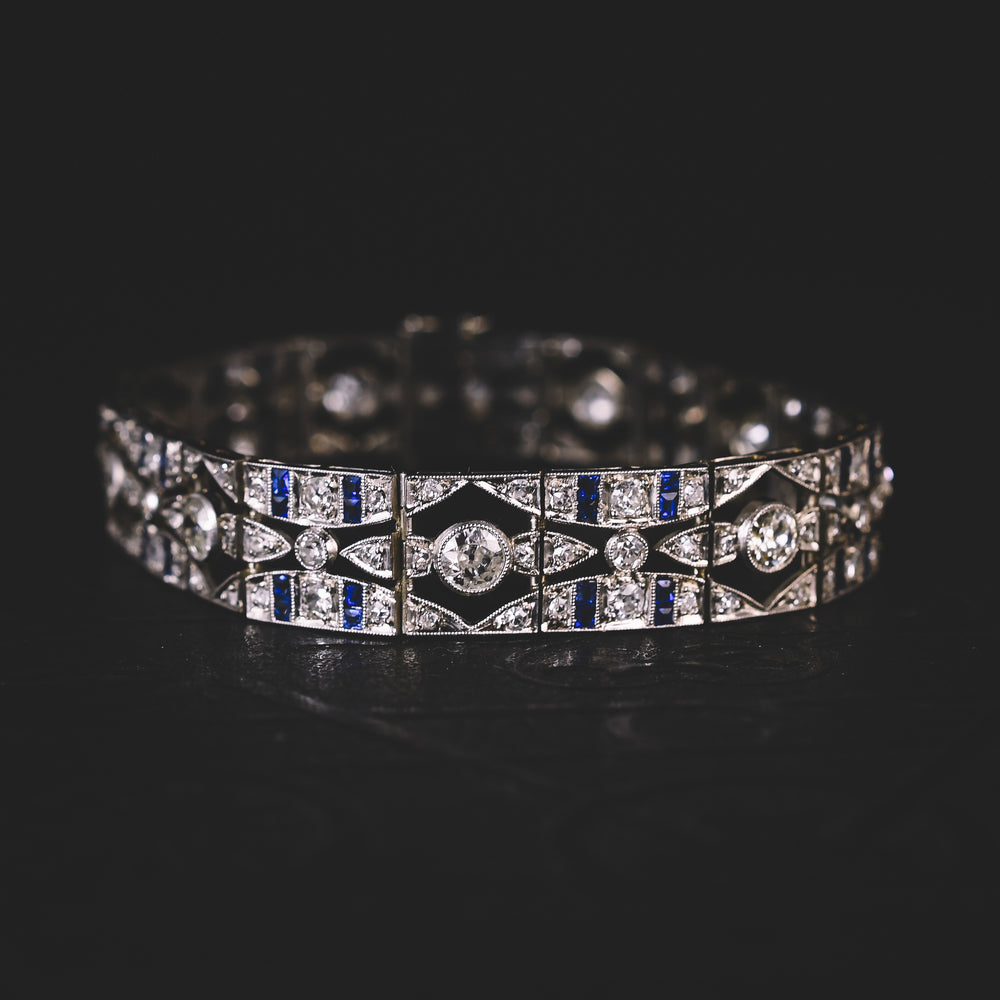 French Art Deco Diamond & Sapphire Millegrain Panel Bracelet