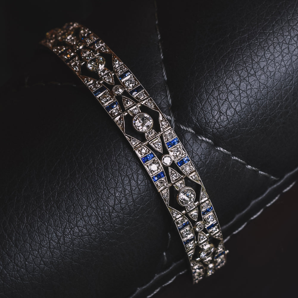 French Art Deco Diamond & Sapphire Millegrain Panel Bracelet
