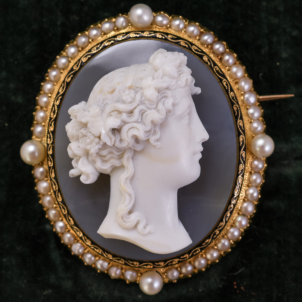 Georgian Pearl & Enamel Bacchante Cameo Brooch
