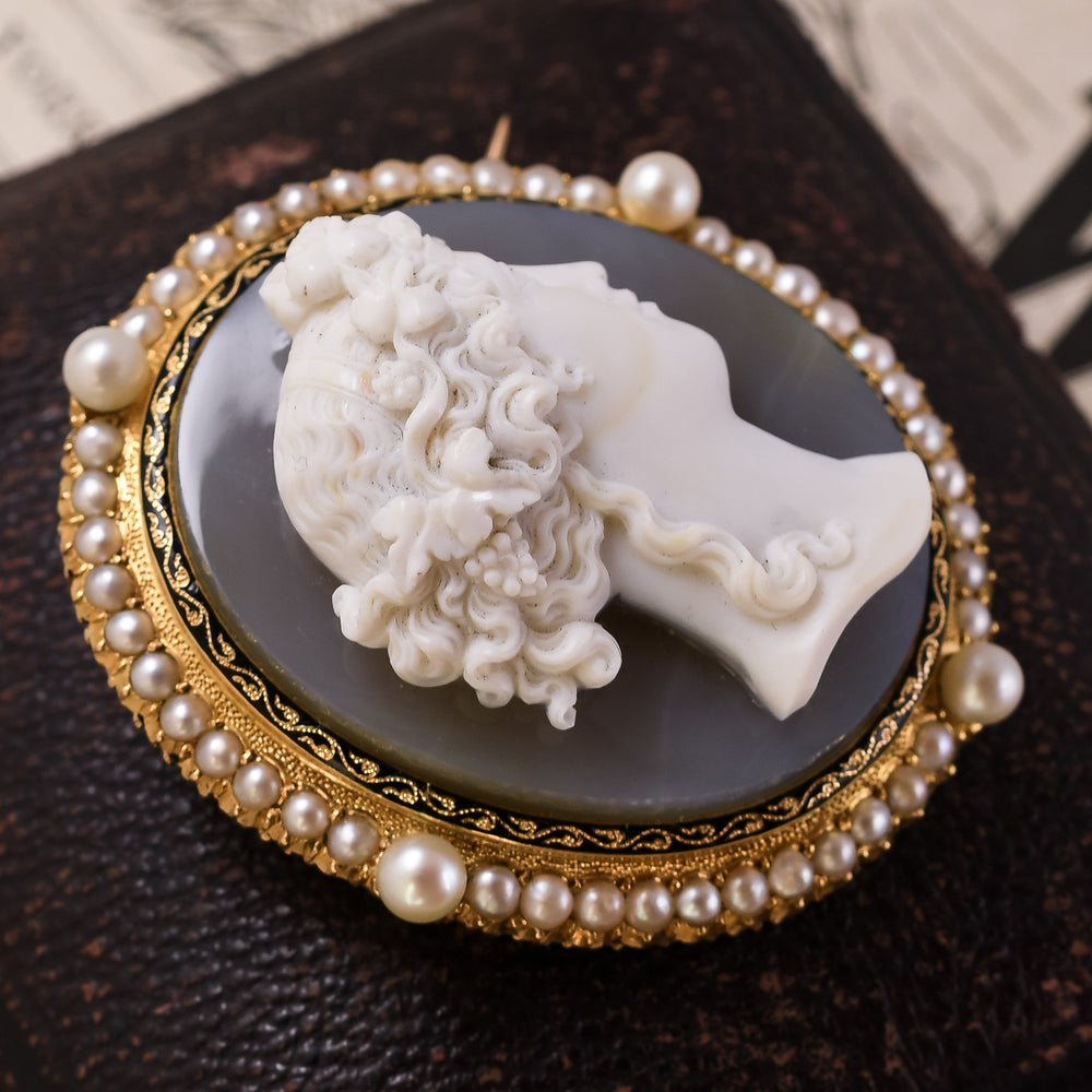 Georgian Pearl & Enamel Bacchante Cameo Brooch