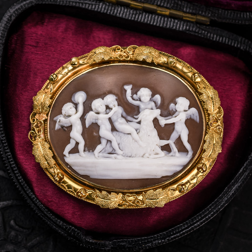 Early Victorian Bacchanal of Putti Cameo Brooch