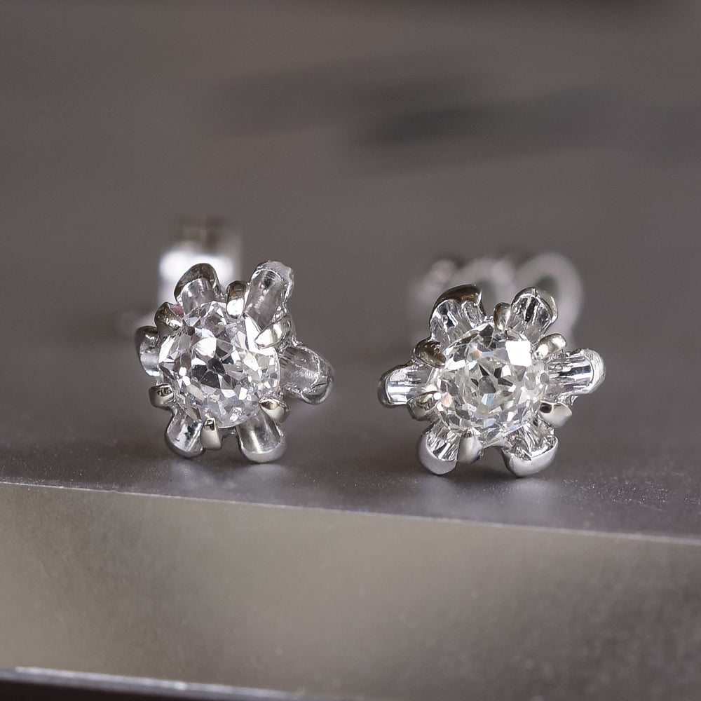 Art Deco Old Cut Diamond Flower Stud Earrings