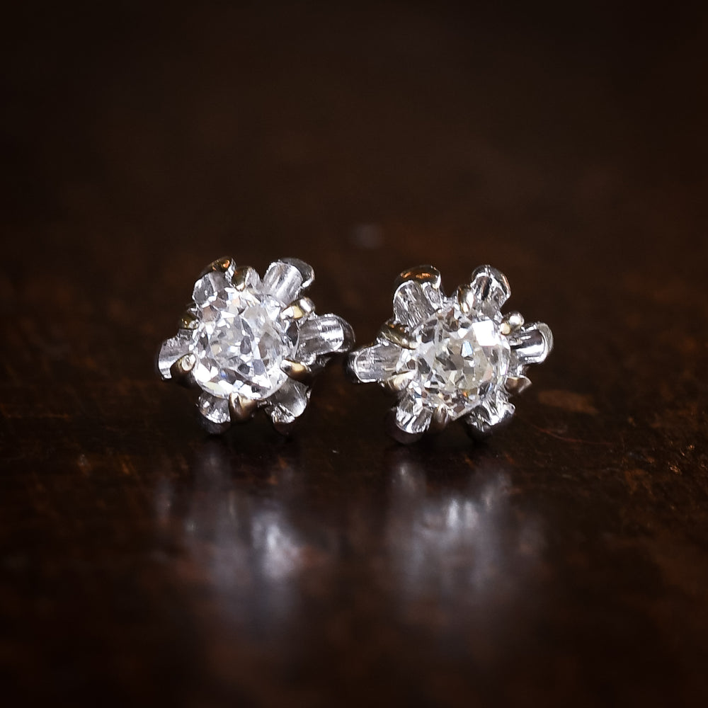 Art Deco Old Cut Diamond Flower Stud Earrings