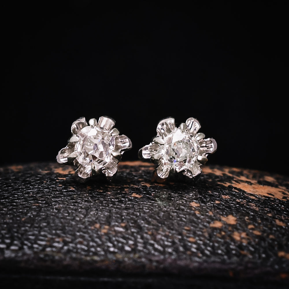 Art Deco Old Cut Diamond Flower Stud Earrings
