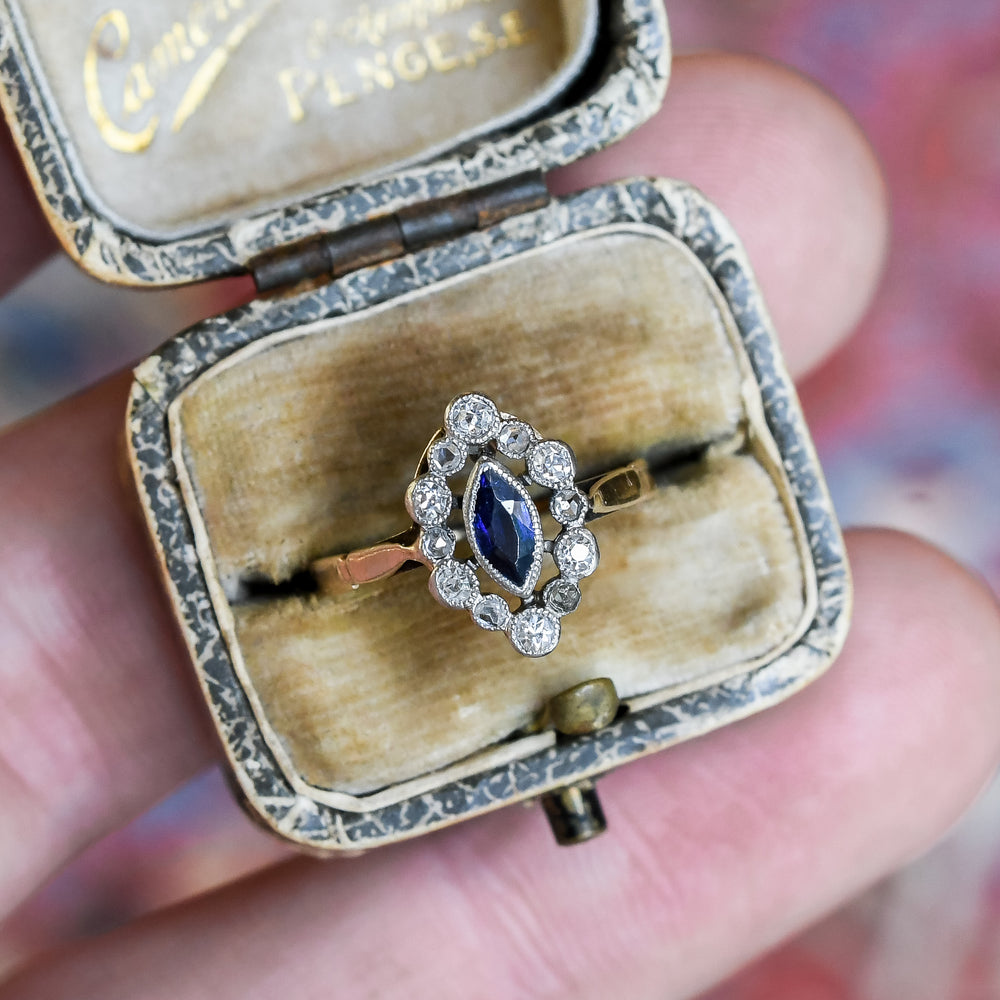 Edwardian Sapphire & Diamond Marquise Cluster Ring
