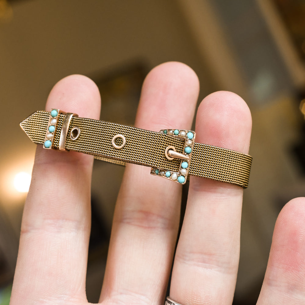 Victorian Pearl & Turquoise Mesh Buckle Bracelet