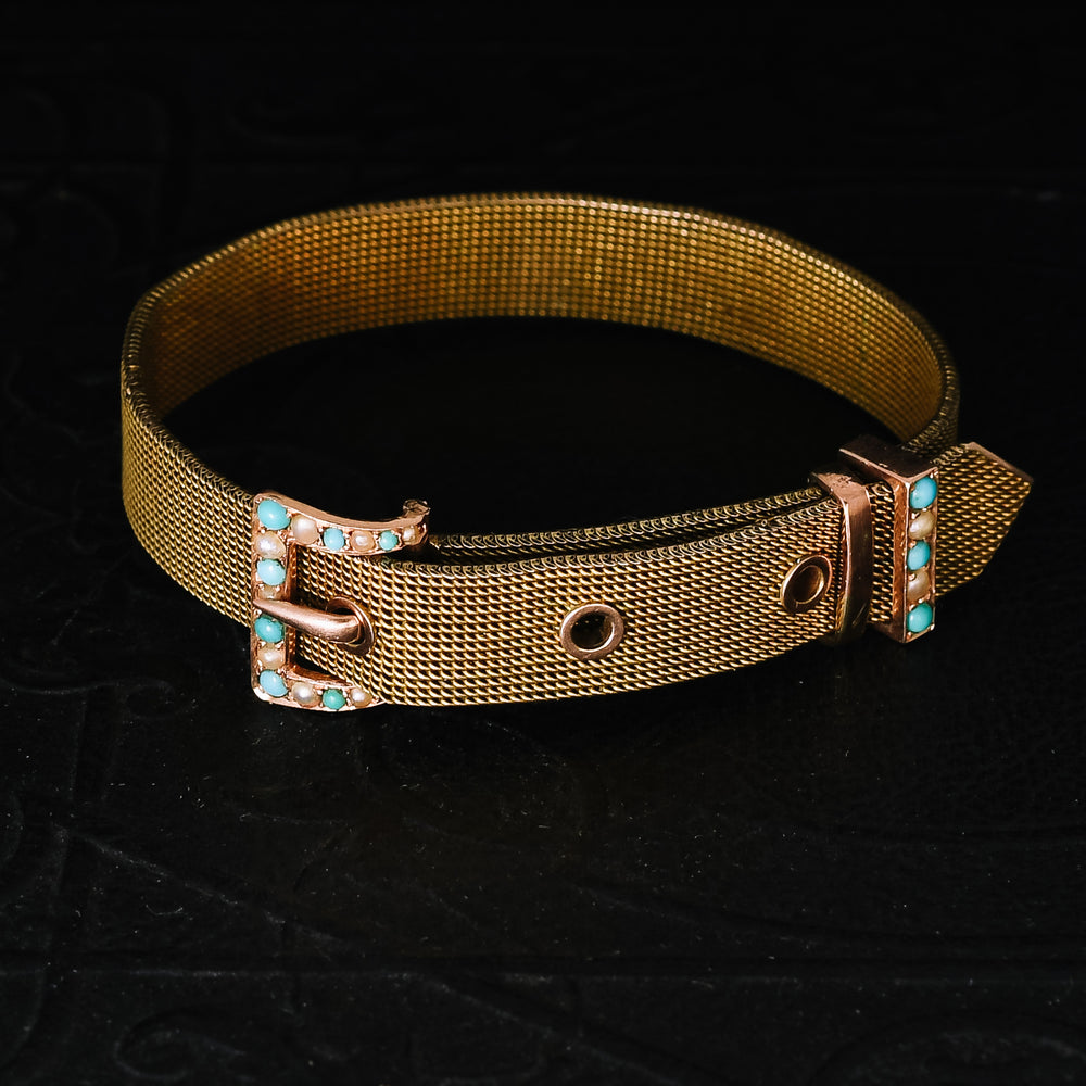 Victorian Pearl & Turquoise Mesh Buckle Bracelet