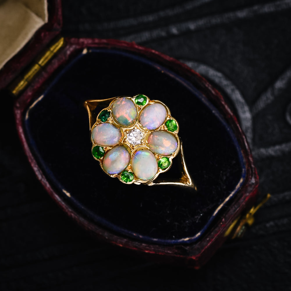 Victorian Opal Diamond & Demantoid Garnet Cluster Ring
