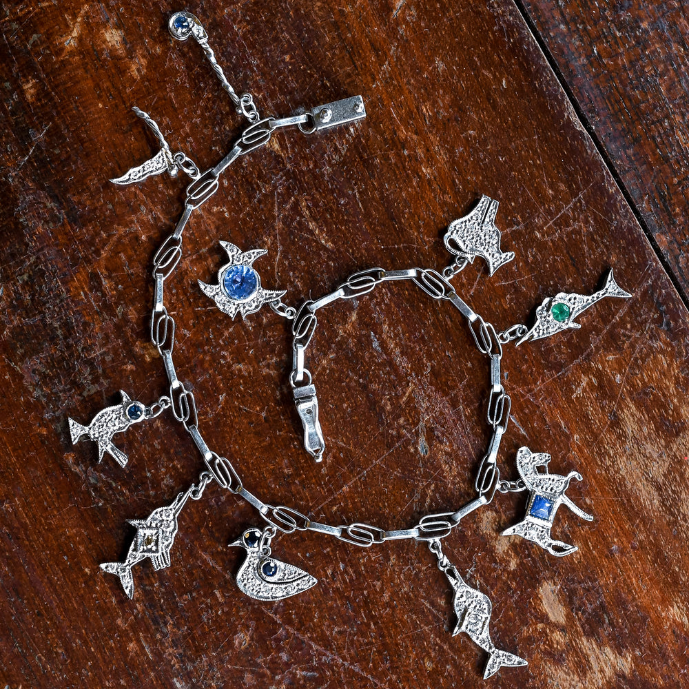 Art Deco Platinum Marine Theme Charm Bracelet